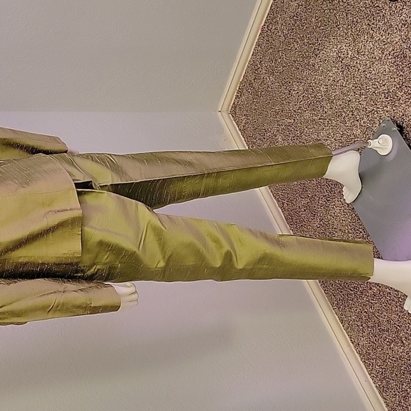 VTG 1960s PAULE VASSEUR Silk Taffeta Metallic Olive Green Mod Pant Suit - Picture 8 of 9